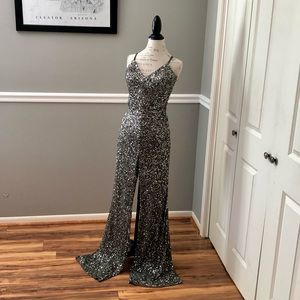 NEW ALYCE PARIS SZ 8 GUNMETAL SEQUIN JUMPSUIT WITH POCKETS